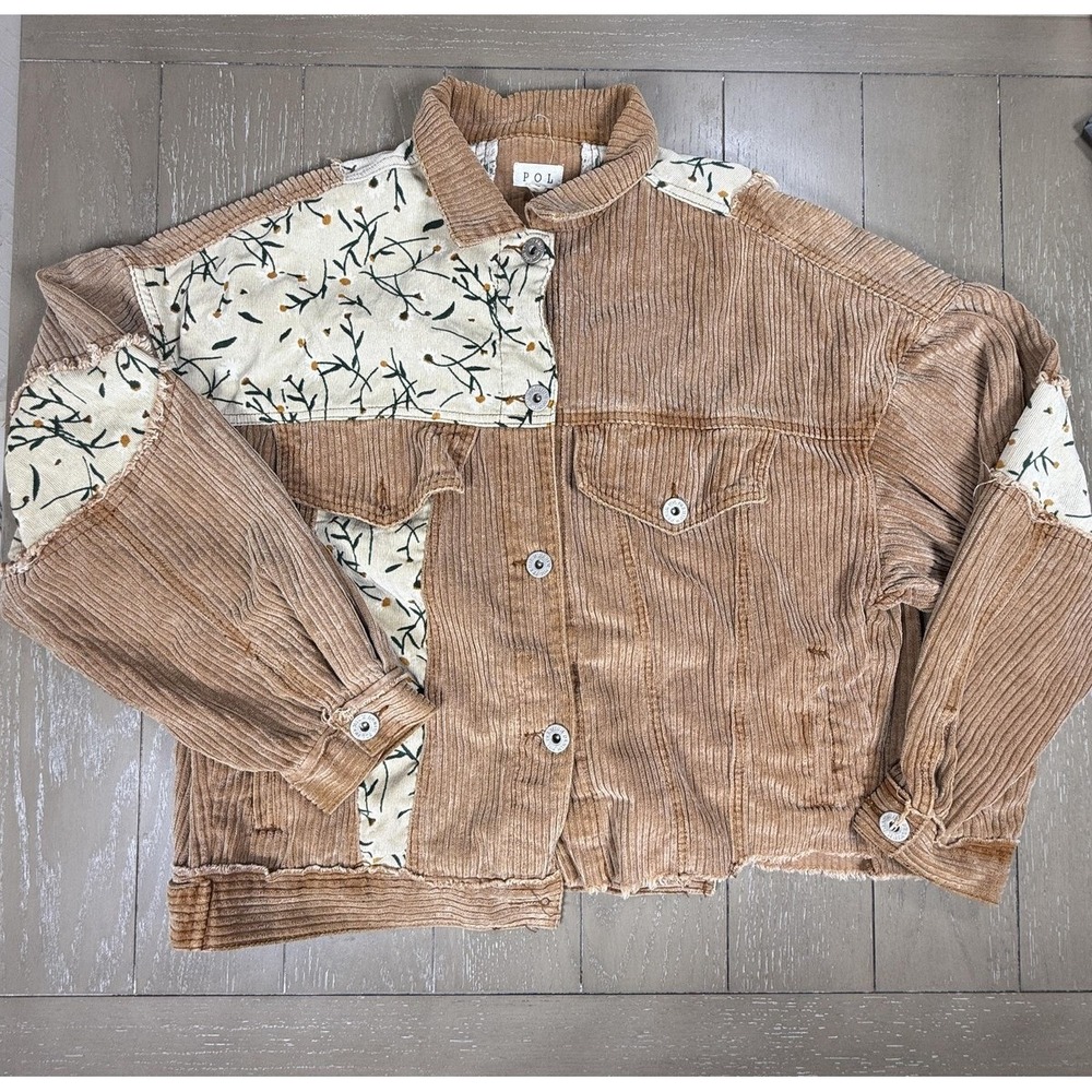 POL Jacket Womens Small Tan Corduroy Floral Patchwork Frayed Hem Oversized Boho - Picture 2 of 11